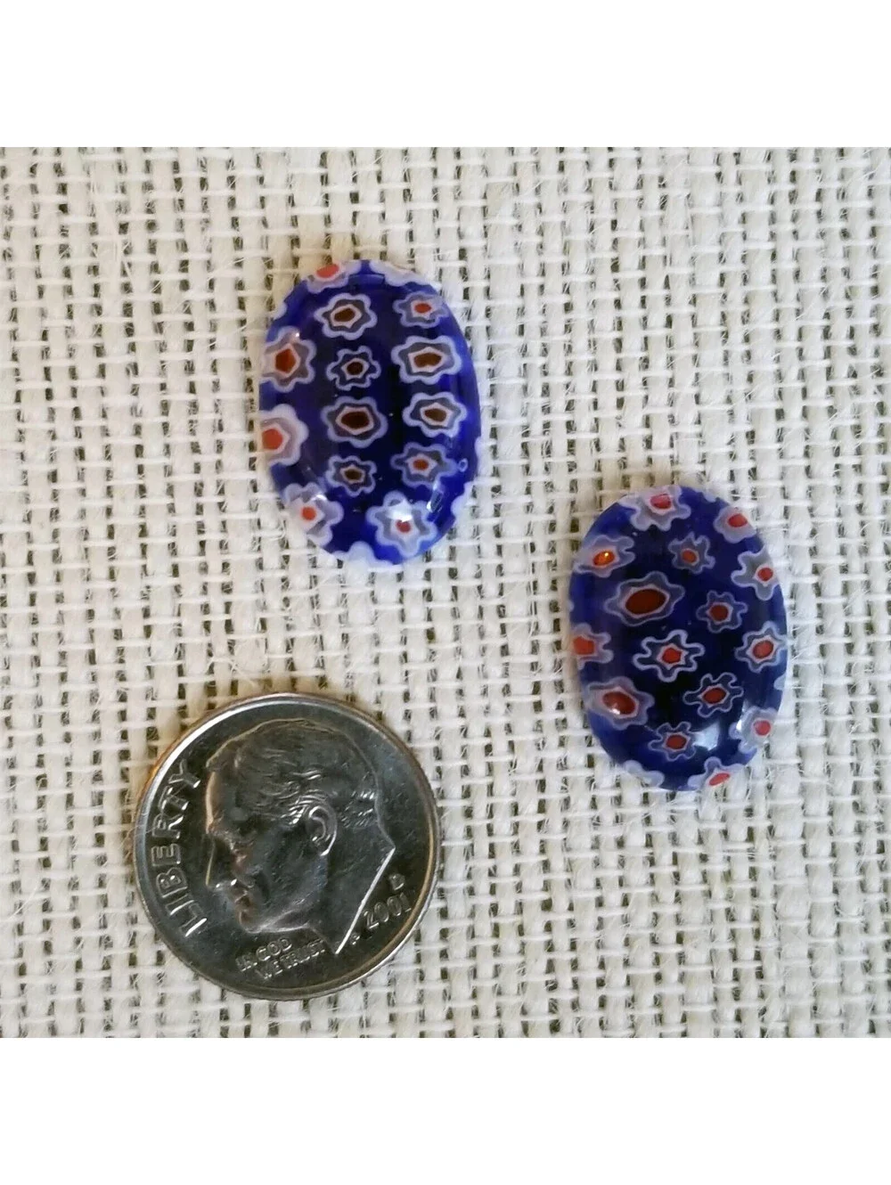 Millefiori Art Glass Cabochons 18x13mm Oval Cobalt Blue Red White Flowers (2)